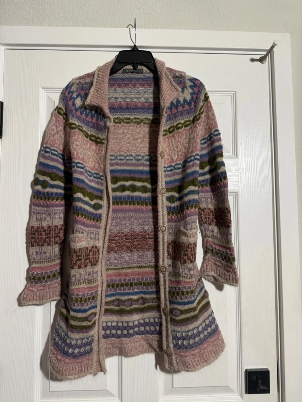 Women's Patterned Long Cardigan Sweater‎ -Multi Color Alpaca Blend @SOL Small